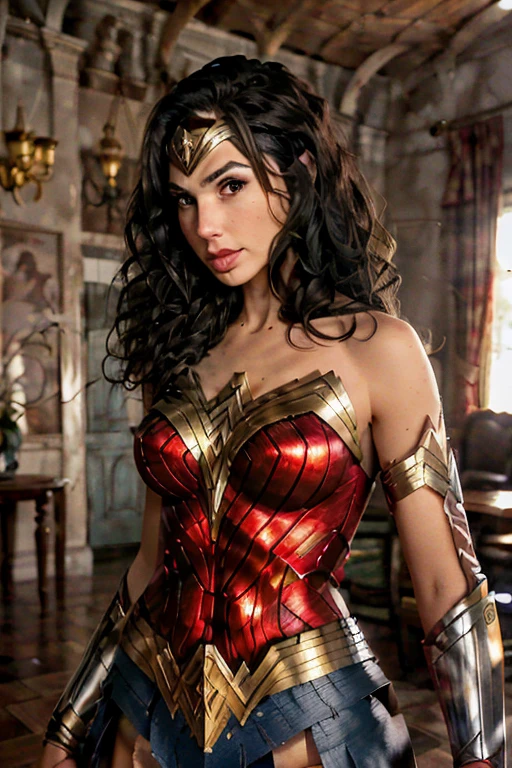 (best quality)), ((master part)), ((Realistic)), (circunstanciado, fotorrealista, ultra-detalhado, Absurdo), 1mulher Wonder Woman, cabelos longos, thin lips , olhos e rosto detalhados, vestindo fantasia de mulher-maravilha (lora:Wonder woman:1.2), casa, interior, cama, noite, luzes,
