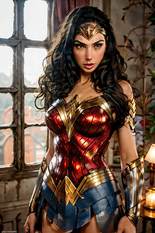 (best quality)), ((master part)), ((Realistic)), (circunstanciado, fotorrealista, ultra-detalhado, Absurdo), 1mulher Wonder Woman, cabelos longos, thin lips , olhos e rosto detalhados, vestindo fantasia de mulher-maravilha (lora:Wonder woman:1.2), casa, interior, cama, noite, luzes,