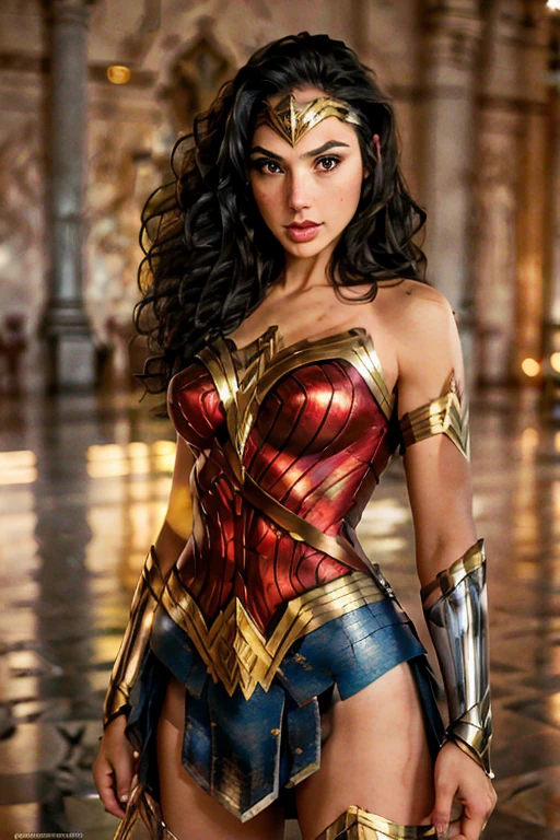 (best quality)), ((master part)), ((Realistic)), (circunstanciado, fotorrealista, ultra-detalhado, Absurdo), 1mulher Wonder Woman, cabelos longos, thin lips , olhos e rosto detalhados, vestindo fantasia de mulher-maravilha (lora:Wonder woman:1.2), casa, interior, cama, noite, luzes,