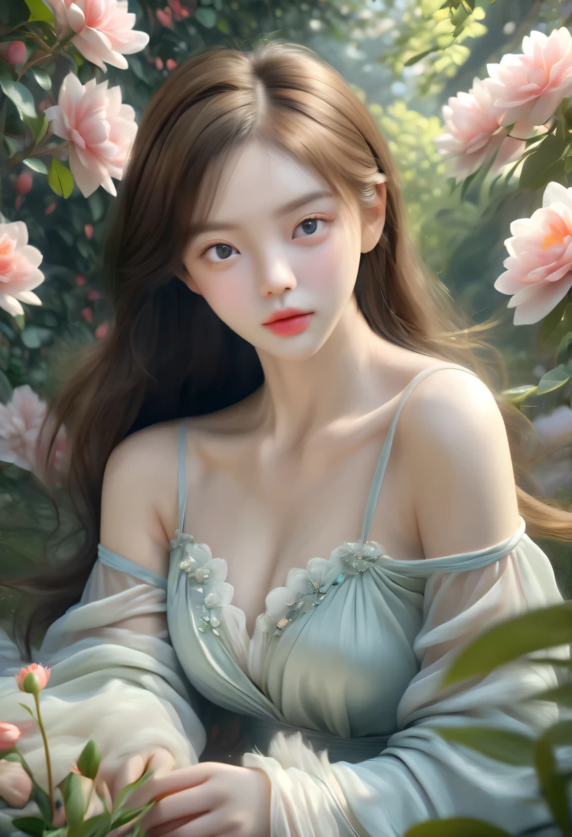 (best quality,4k,8k,highres,masterpiece:1.2),ultra-detailed,(realistic,photorealistic,photo-realistic:1.37),soothing color palette,subtle elegance,cozy and tranquil atmosphere,natural elements,serene and comfortable setting,a beautiful girl surrounded by picturesque garden