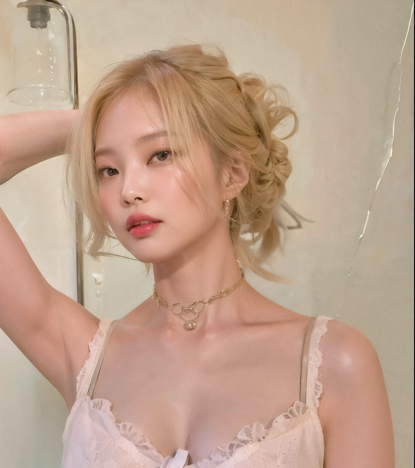 realistic image of a woman in swimsuit posing for a photo in front of the mirror, jimin\'s plump lips, park jimin, jimin, accurate jimin face, jimin\'s same nose, realistic photo of Park Jimin of BTS, Jimin, Jimin Park, with same hairstyle, same background. high quality, red hair 