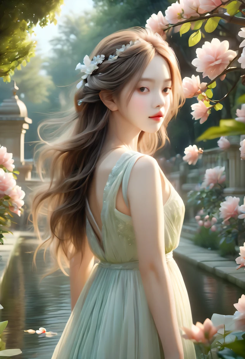 (best quality,4k,8k,highres,masterpiece:1.2),ultra-detailed,(realistic,photorealistic,photo-realistic:1.37),soothing color palette,subtle elegance,cozy and tranquil atmosphere,natural elements,serene and comfortable setting,a beautiful girl surrounded by picturesque garden