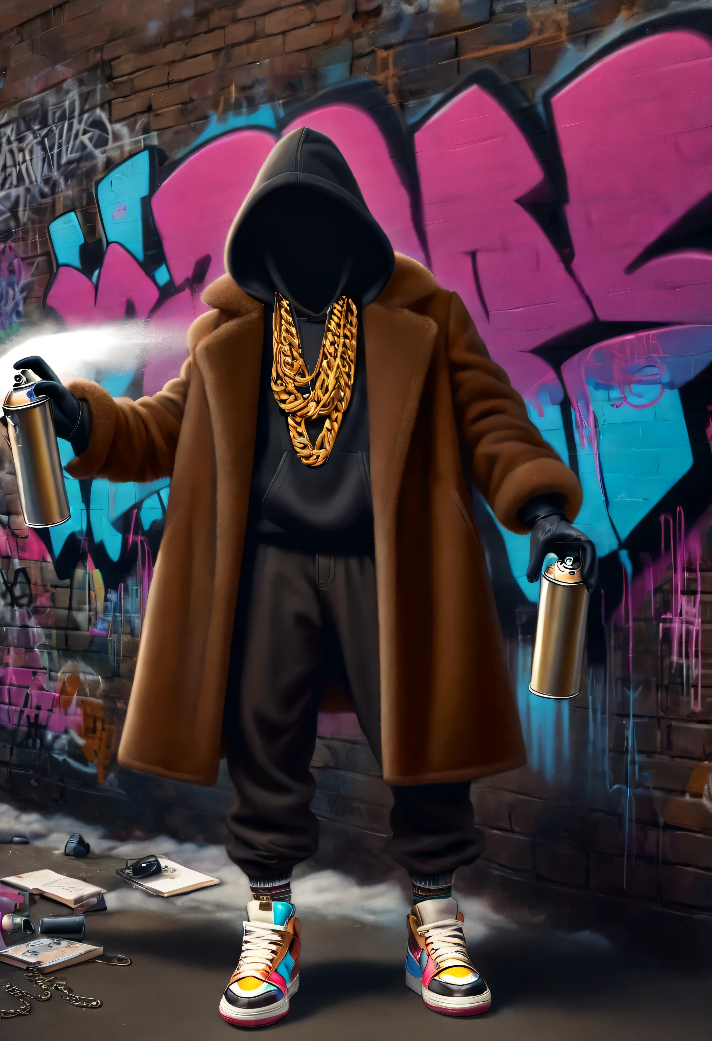 electricboogaloostyle, no face, solo, gloves, long sleeves, holding, jewelry, standing, full body, shoes, black gloves, socks, pants, hood, necklace, coat, chain, sneakers, hood up, wall, brown coat, hooded coat, graffiti, spray can