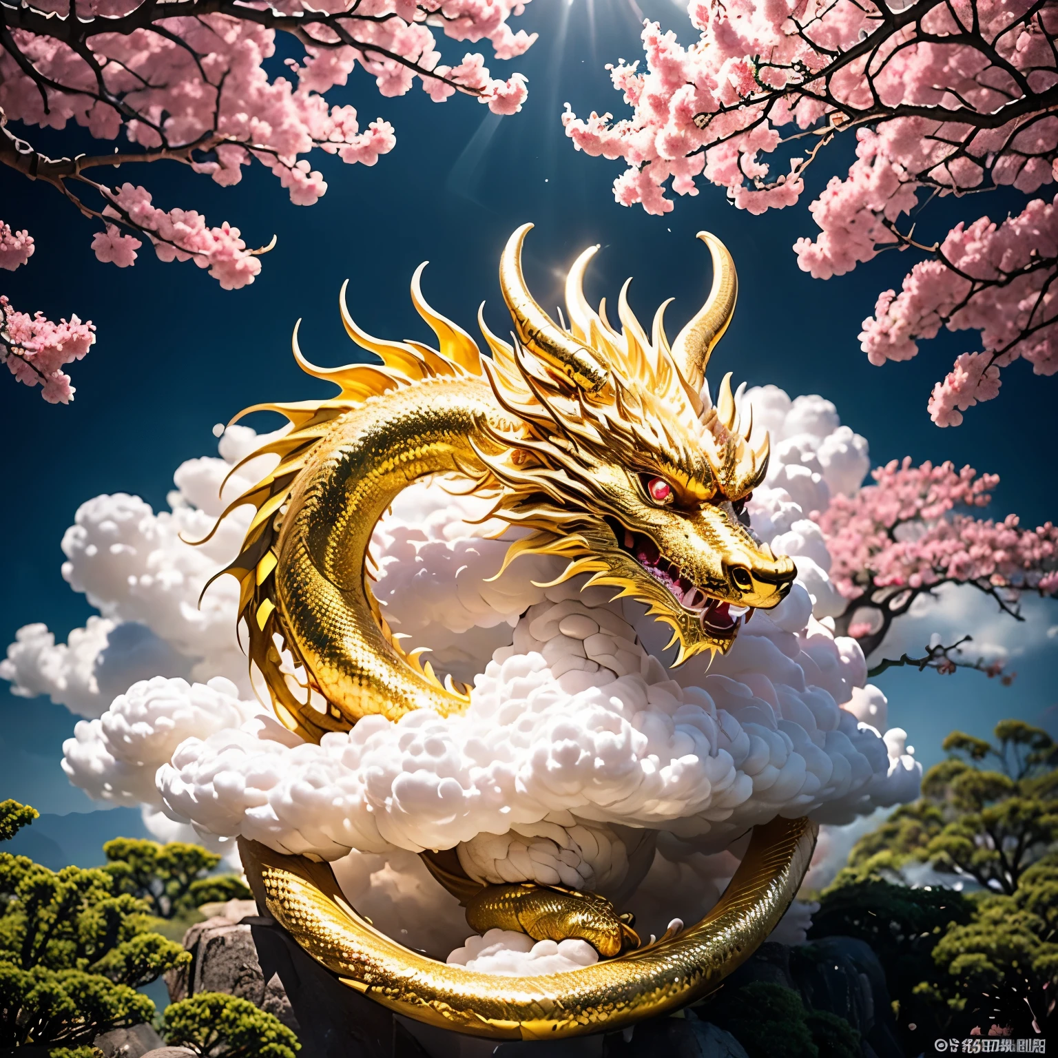 中国龙,没有人类,喇叭,龙,秤,gold 龙,A dragon in clouds with cherry blossoms by artist
kazuhiro yasumare, in the style of simplistic vector art, realistic detail, light magenta and emerald, colorful muralist, close-up, editorial illustrations, mythological influences,Large area pink