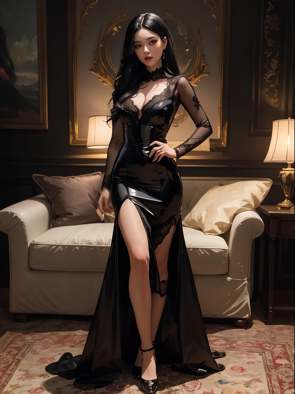 ((best quality)), ((masterpiece)), (detailed), perfect face ,Full body , Stunning women  stright  long black hair wearing red lace glossy satin dress with black Vail  in the hair , all high end  vampires make up , low light with sensual elegance atmosphere , Detailed , Ultra Realistic image , photography ,RAW, 16 K UHD