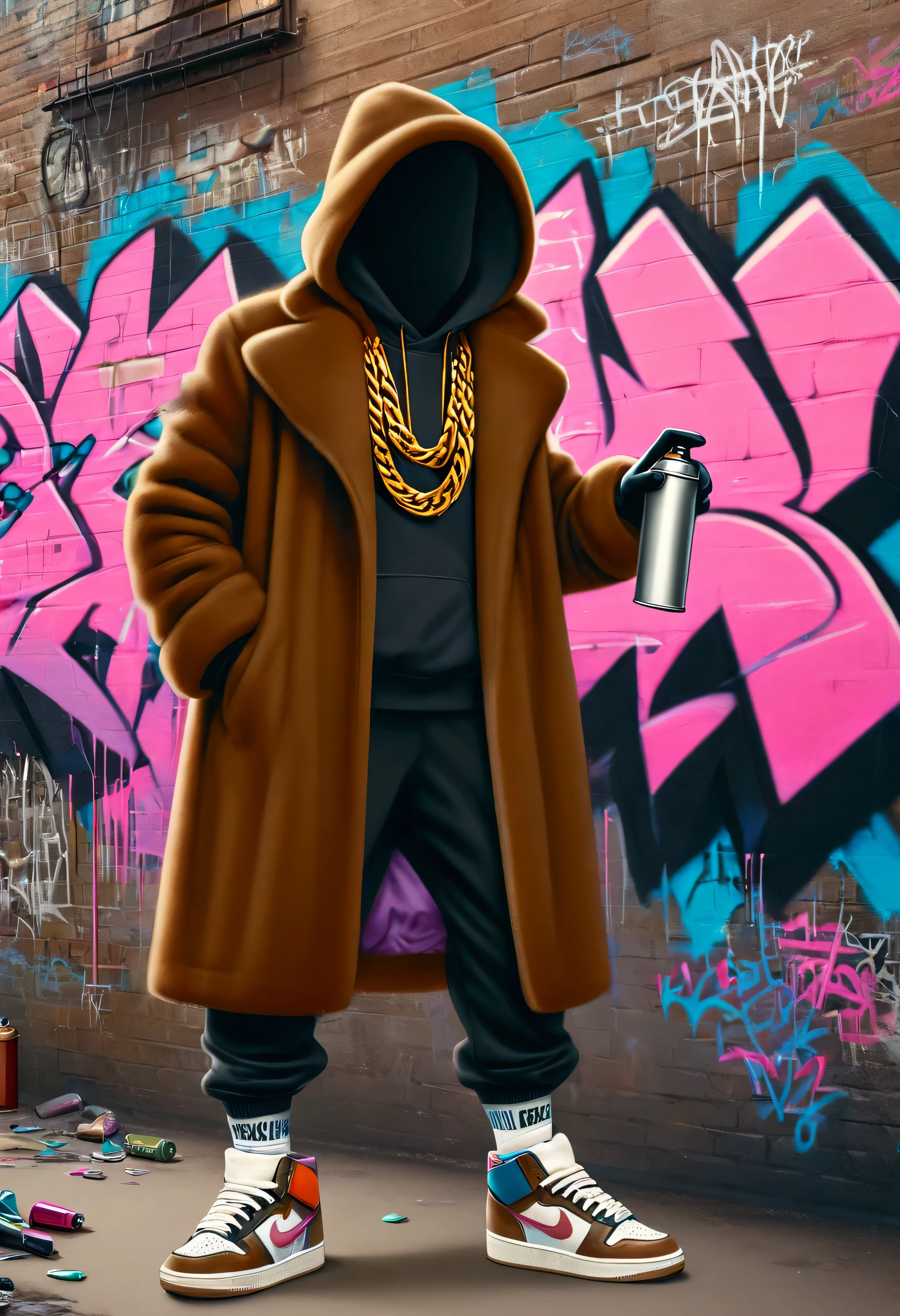 electricboogaloostyle, no face, solo, gloves, long sleeves, holding, jewelry, standing, full body, shoes, black gloves, socks, pants, hood, necklace, coat, chain, sneakers, hood up, wall, brown coat, hooded coat, graffiti, spray can