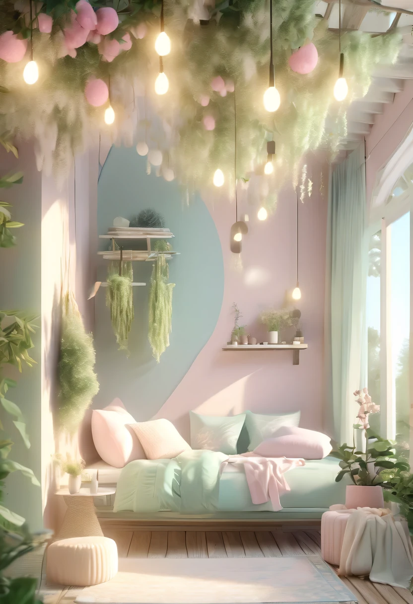 pastel tones，Light style，cozy calm，nature，warm and comfortable，garden，Beauty