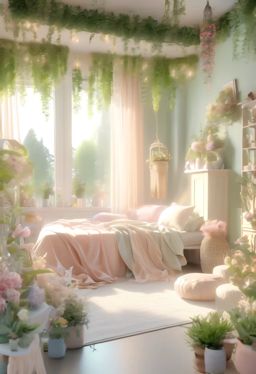 pastel tones，Light style，cozy calm，nature，warm and comfortable，garden，Beauty