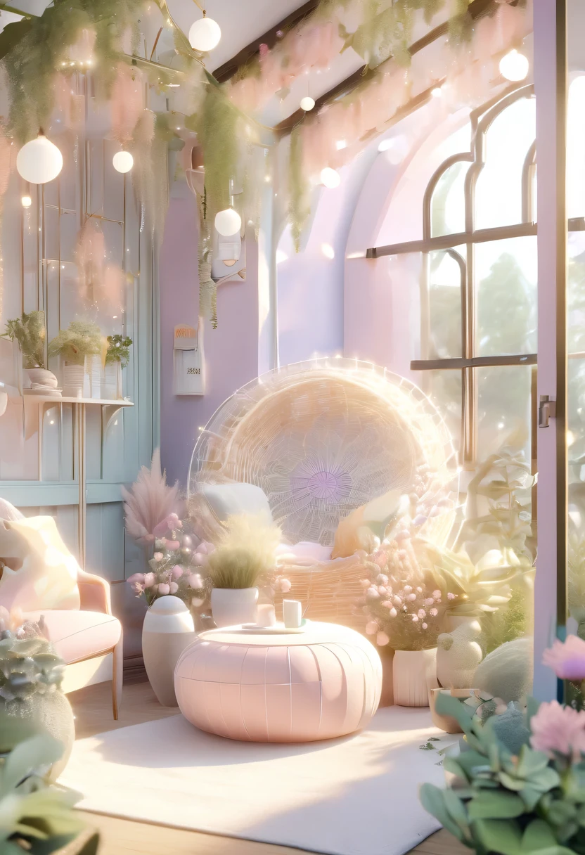 pastel tones，Light style，cozy calm，nature，warm and comfortable，garden，