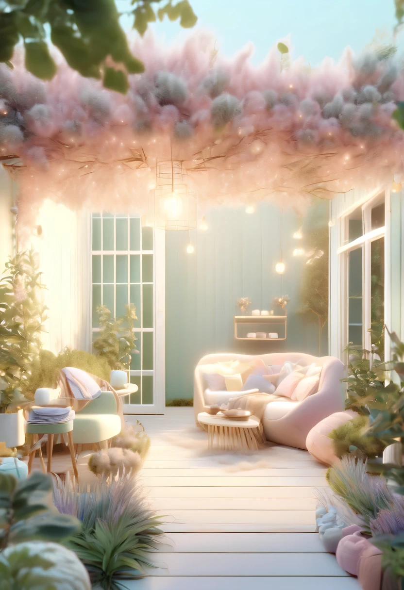 pastel tones，Light style，cozy calm，nature，warm and comfortable，garden，