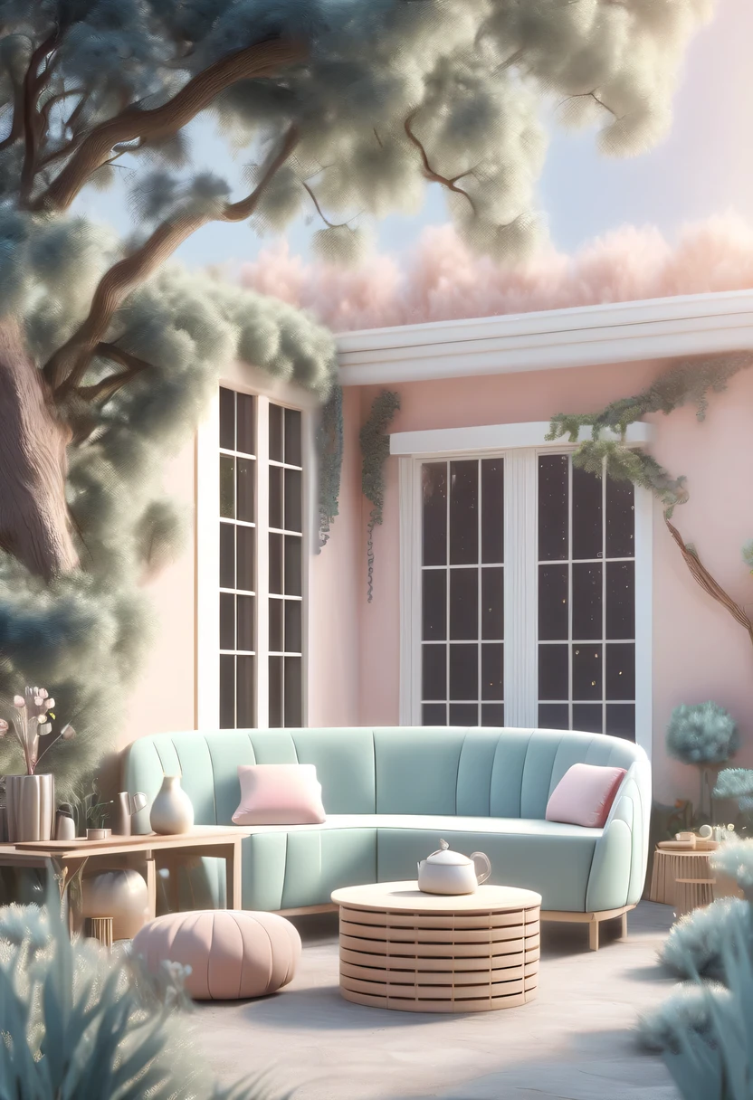 pastel tones，Light style，cozy calm，nature，warm and comfortable，garden，