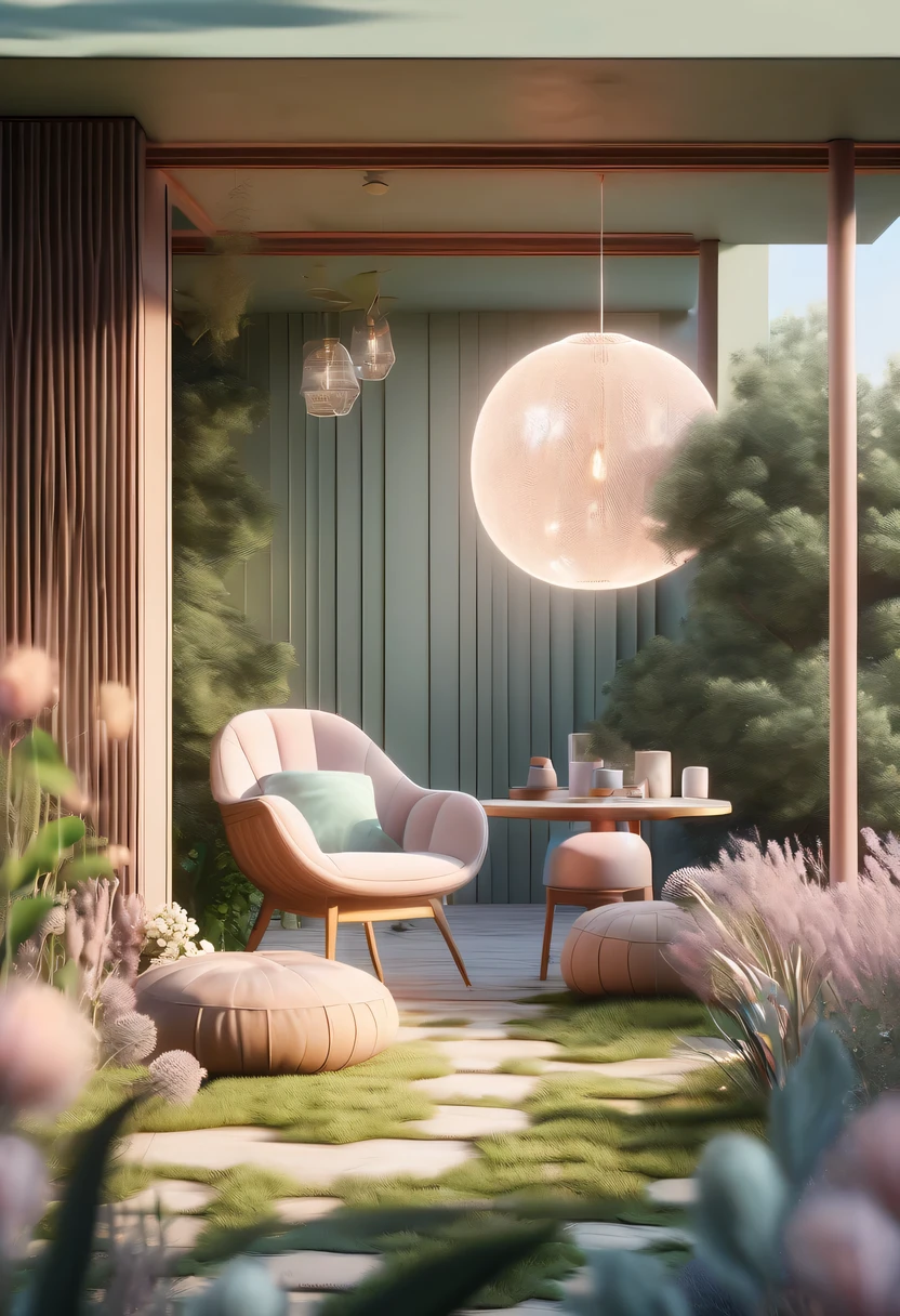 pastel tones，Light style，cozy calm，nature，warm and comfortable，garden，