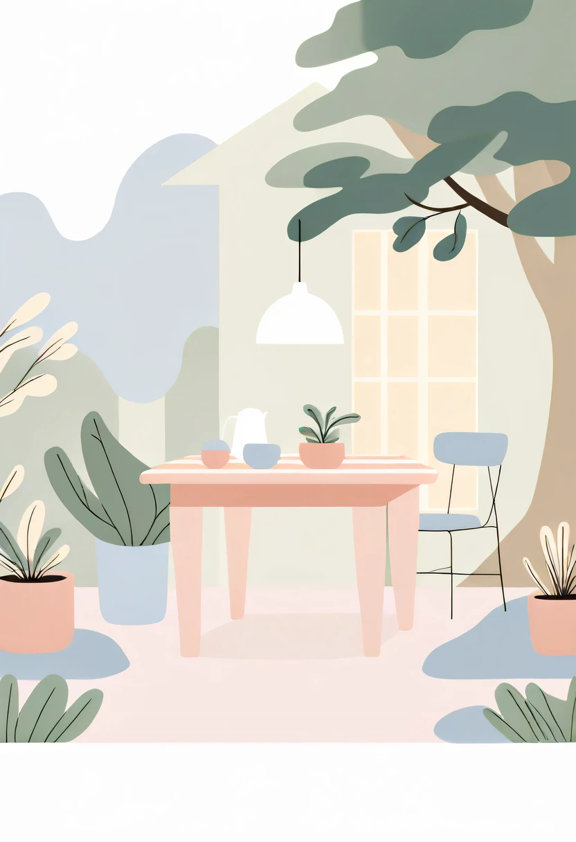 pastel tones，Light style，cozy calm，nature，warm and comfortable，garden，