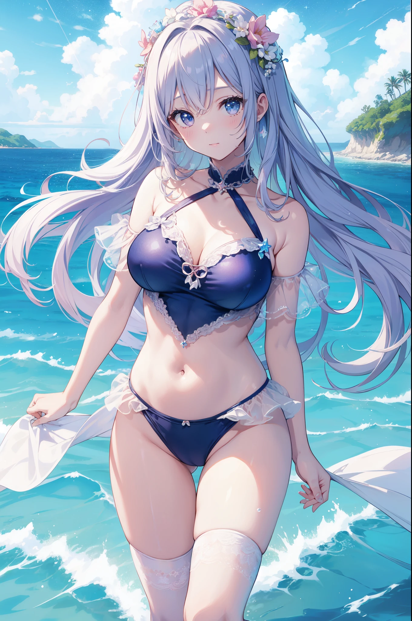 (masterpiece)、(highest quality)、((Super detailed))、(super delicate)、Cute naughty swimsuit idol、Pastel colors hair、beautiful breasts、Thighs、Gorgeous、Fantastic starry sky、beautiful sea、Wet and see-through