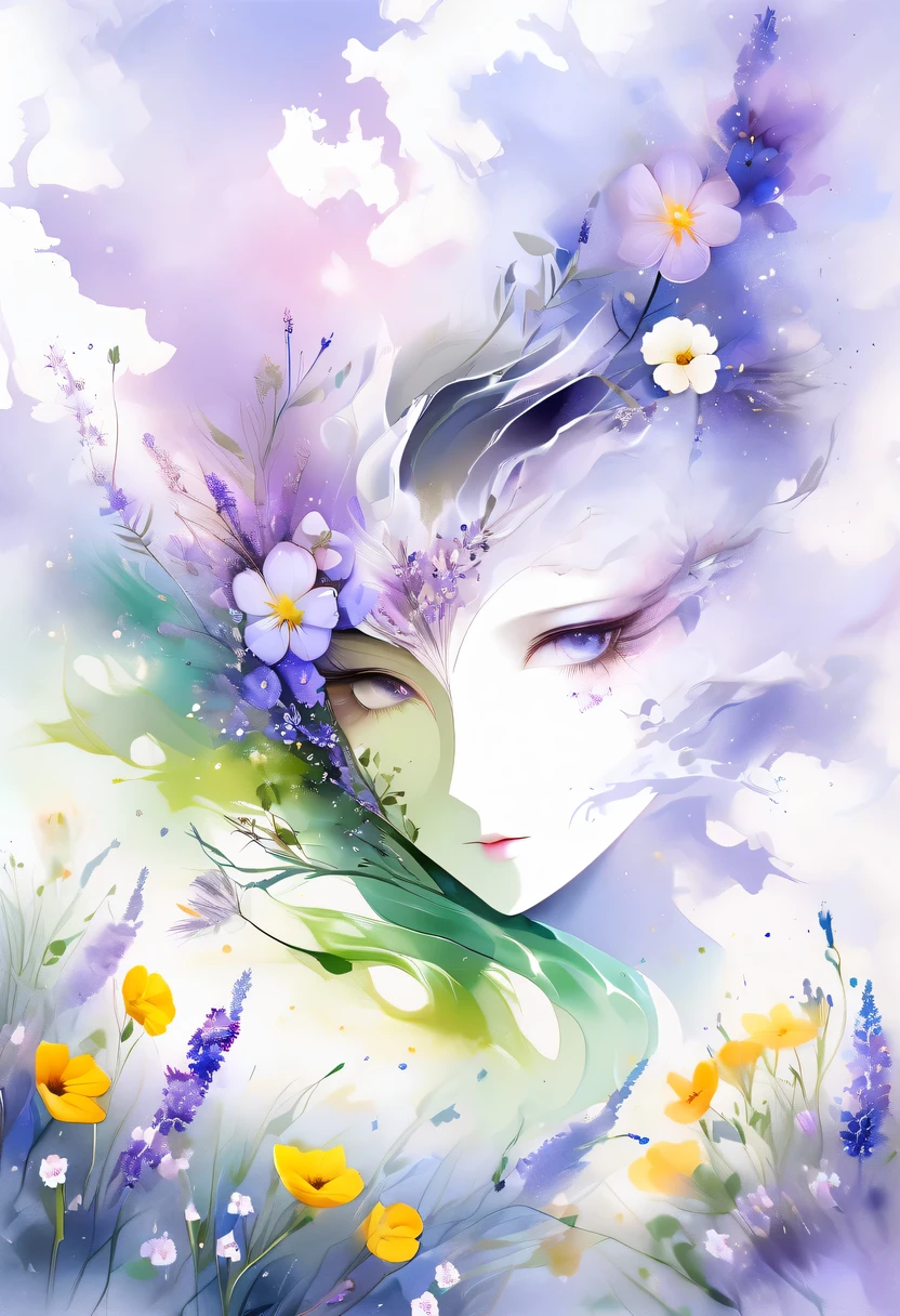 柔和色调，淡雅风格，舒适宁静，自然，温馨舒适，花园，This watercolor flower painting shows an elegant and fresh visual effect。Fields of wildflowers and lavender，Forming the perfect combination of nature and romance。The screen is dominated by a white background，Highlight isolated watercolor flower。Splash technology recreates wet conditions，The atmosphere seems vague and dreamy。Unique compositions and abstract representation add to the artistic feel of the picture，Contains elements of surrealism。The overall color tone is mainly light tones，Lilac and green complement each other beautifully，Reveal high-resolution details。The ink splash effect adds a touch of agility to the picture，The pale color gives the flowers a deep and restrained beauty.。