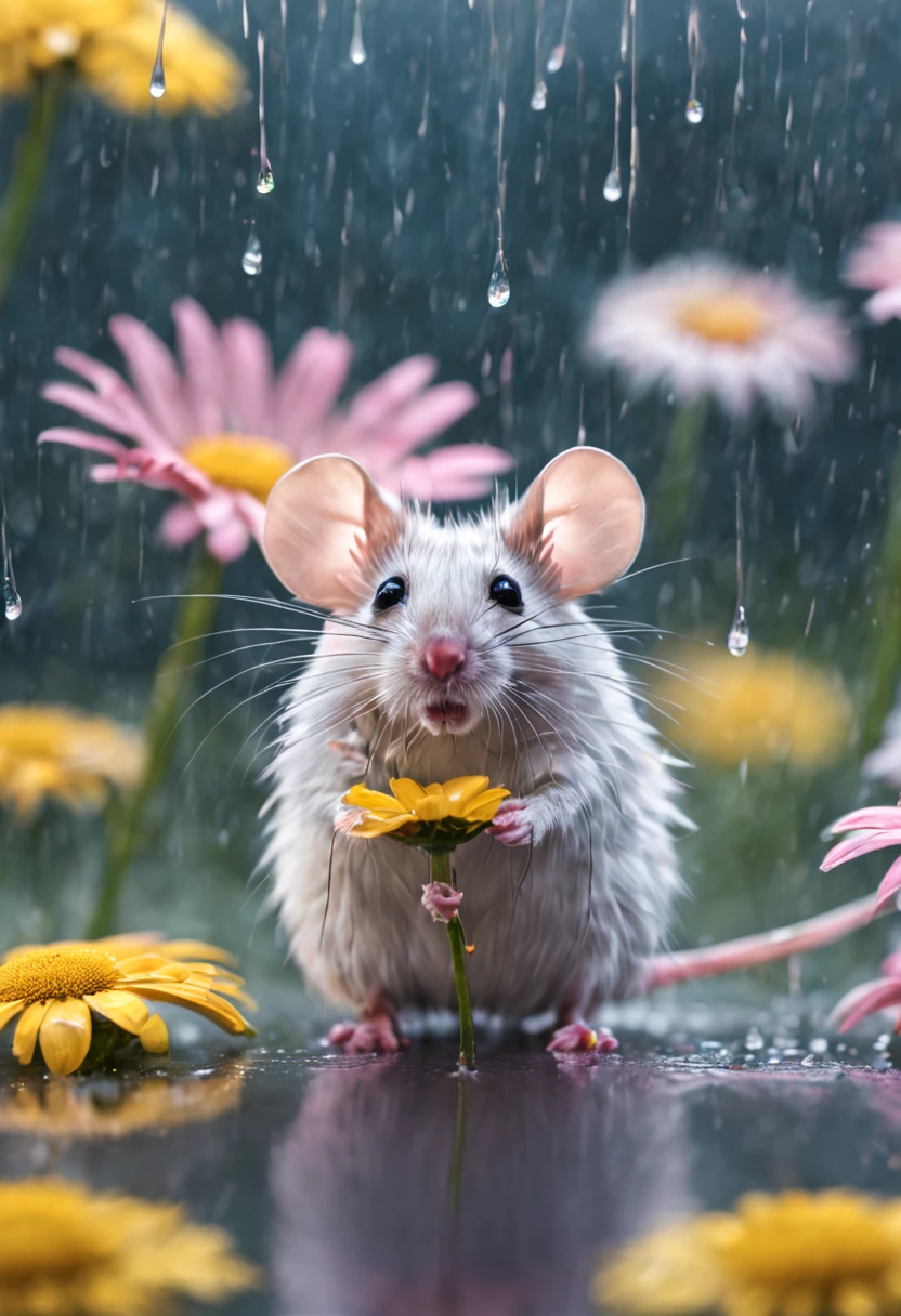 a high definition image of a rainy landscape where a mouse is under a flower soaked in glass art style, mice looking at the raindrops of the colorful daisy flower petals with blur background (with very soft color tones: 1.32)