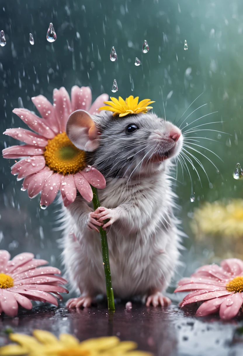 a high definition image of a rainy landscape where a mouse is under a flower soaked in glass art style, mice looking at the raindrops of the colorful daisy flower petals with blur background (with very soft color tones: 1.32)
