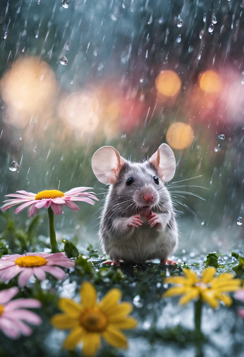 a high definition image of a rainy landscape where a mouse is under a flower soaked in glass art style, mice looking at the raindrops of the colorful daisy flower petals with blur background (with very soft color tones: 1.32)