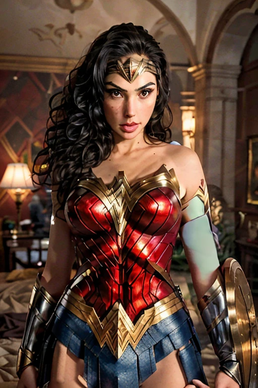noite, luzes, (best quality)), ((master part)), ((Realistic)), (circunstanciado, fotorrealista, ultra-detalhado, Absurdo), 1mulher Wonder Woman, cabelos longos, thin lips , olhos e rosto detalhados, rosto perfeito altamente detalhado, vestindo fantasia de mulher-maravilha (lora:Wonder woman:1.2), casa, interior, cama,
