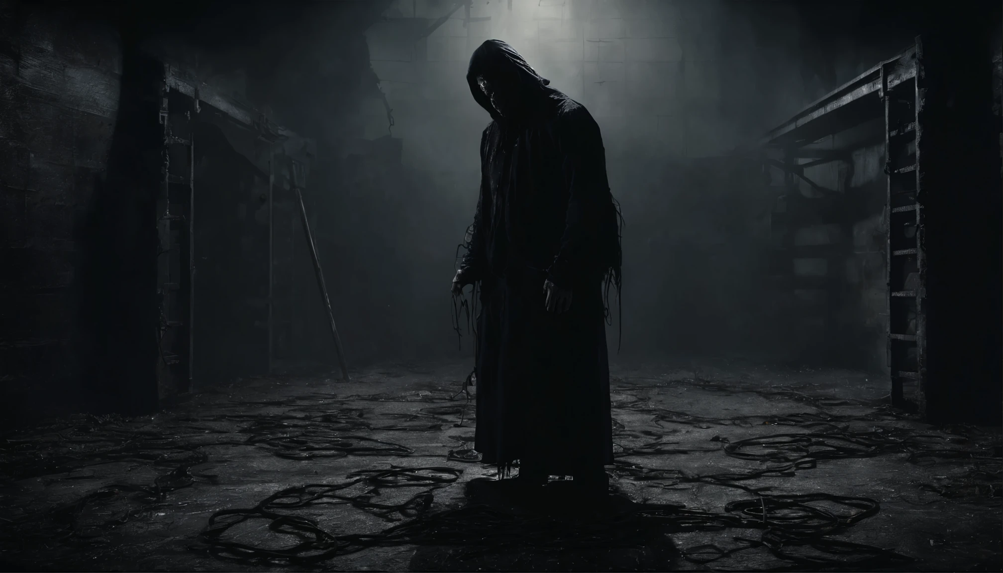 Gloomy black basement poorly lit, a guy with shackles on his hands tied by chicks, standing on his knees with his head down, darkness in the background, gloomy atmosphere, very high quality of detail, 4K resolution.