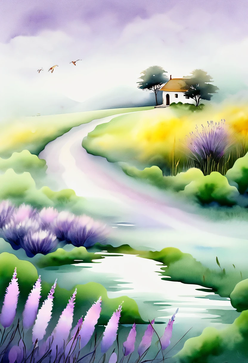 柔和色调，淡雅风格，舒适宁静，自然，温馨舒适，花园，This watercolor flower painting shows an elegant and fresh visual effect。Fields of wildflowers and lavender，Forming the perfect combination of nature and romance。The screen is dominated by a white background，Highlight isolated watercolor flower。Splash technology recreates wet conditions，The atmosphere seems vague and dreamy。Unique compositions and abstract representation add to the artistic feel of the picture，Contains elements of surrealism。The overall color tone is mainly light tones，Lilac and green complement each other beautifully，Reveal high-resolution details。The ink splash effect adds a touch of agility to the picture，The pale color gives the flowers a deep and restrained beauty.。