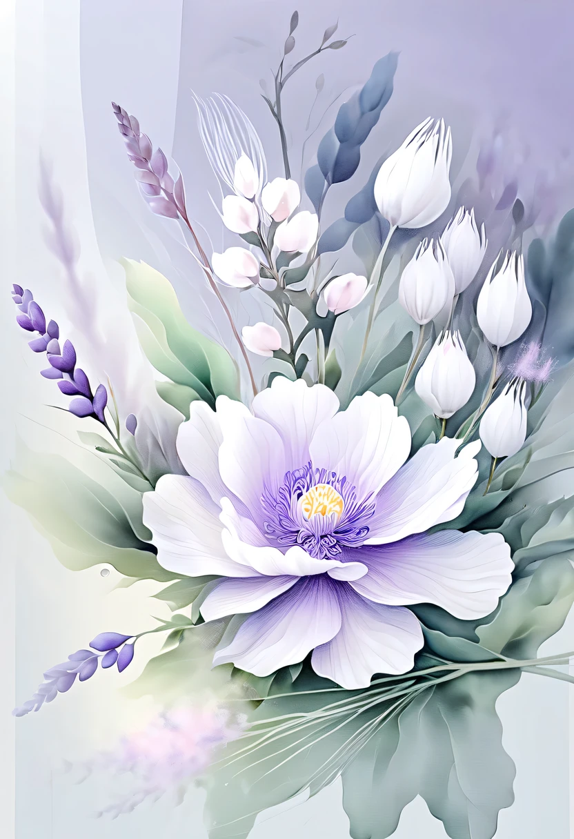 柔和色调，淡雅风格，舒适宁静，自然，温馨舒适，花园，This watercolor flower painting shows an elegant and fresh visual effect。Fields of wildflowers and lavender，Forming the perfect combination of nature and romance。The screen is dominated by a white background，Highlight isolated watercolor flower。Splash technology recreates wet conditions，The atmosphere seems vague and dreamy。Unique compositions and abstract representation add to the artistic feel of the picture，Contains elements of surrealism。The overall color tone is mainly light tones，Lilac and green complement each other beautifully，Reveal high-resolution details。The ink splash effect adds a touch of agility to the picture，The pale color gives the flowers a deep and restrained beauty.。