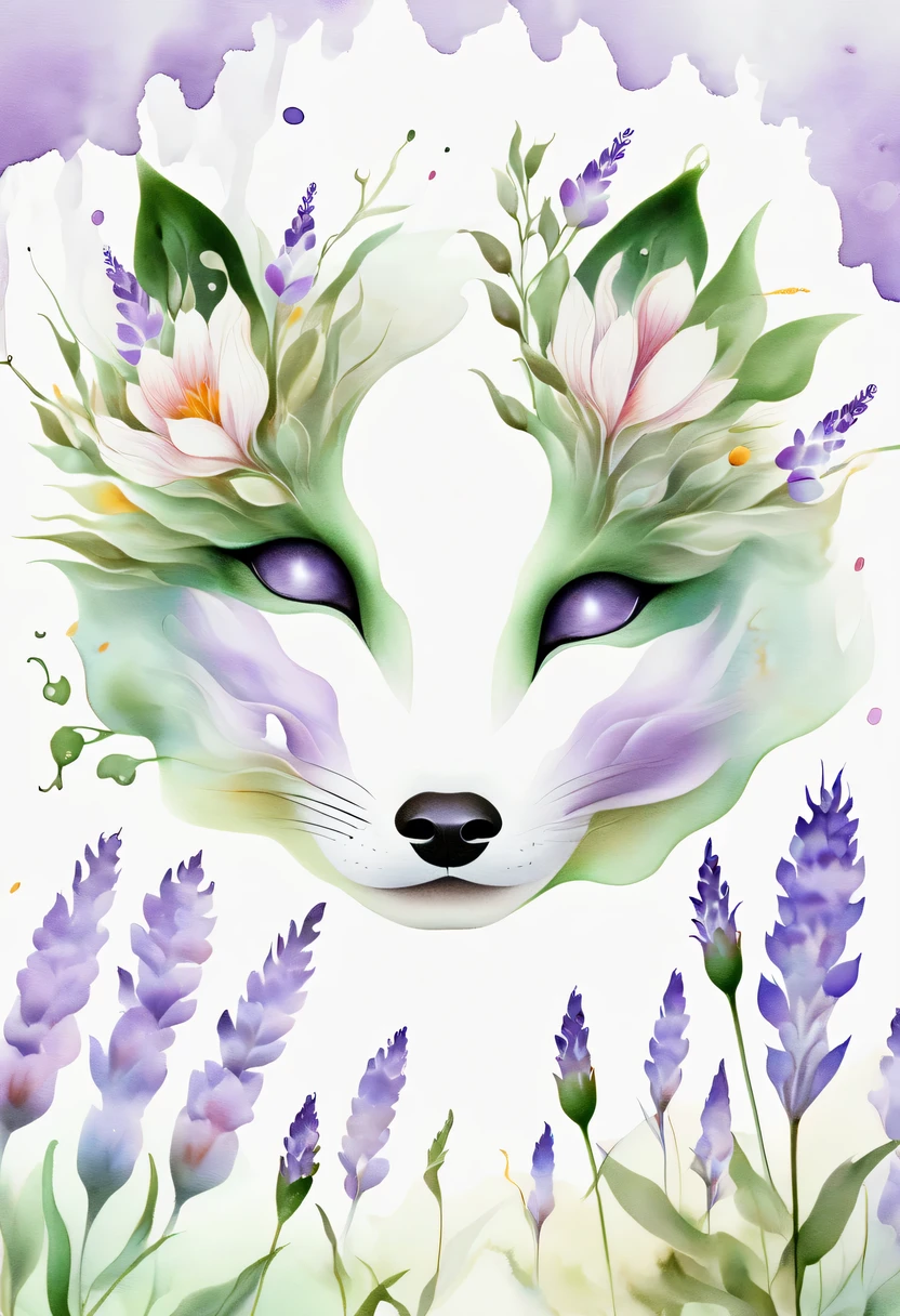 柔和色调,淡雅风格,舒适宁静,自然,温馨舒适,花园,This watercolor flower painting shows an elegant and fresh visual effect。Fields of wildflowers and lavender,Forming the perfect combination of nature and romance。The screen is dominated by a white background,Highlight isolated watercolor flower。Splash technology recreates wet conditions,The atmosphere seems vague and dreamy。Unique compositions and abstract representation add to the artistic feel of the picture,Contains elements of surrealism。The overall color tone is mainly light tones,Lilac and green complement each other beautifully,Reveal high-resolution details。The ink splash effect adds a touch of agility to the picture,The pale color gives the flowers a deep and restrained beauty.。