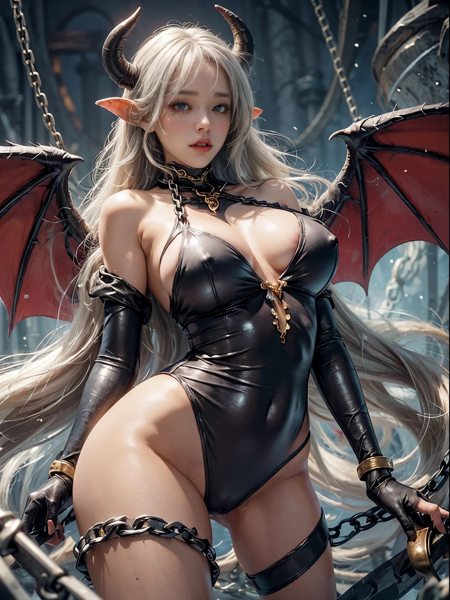 (RAW shooting:1.5, realistic:1.5, 8K), (highest quality, masterpiece, ultra high resolution), dark underground prison, perfect dynamic composition, Highly detailed skin and facial textures:1.3, Detail of limbs, 1 girl, Cute sexy slim succubus with wings, horn, Fair skin, ((tied up with shackles:1.0, Lots of chains:1.1, big and heavy shackles:1.0, open your legs:1.0, The body is bound by huge chains:1.1)), ((Huge breasts that are about to explode:1.1, Do not show areola:1.0, big chest gap:1.1)), (The expression on your face when you feel intense caress:0.9, Facial expression when feeling pleasure:0.9, A look drowning in pleasure:0.9, Are crying:0.9), (Correctly wear a heavily torn succubus costume off the shoulder.:1.35), (beautiful blue eyes, Eyes that feel beautiful eros:0.85), sexy face:0.4, blush:1.1, ((Too erotic:0.9)), ((身体に絡みつくLots of chains:1.8)), ((An incomprehensible amount of liquid flows throughout the body:1.8)), ((super long white blonde curly hair)), View from the knee up