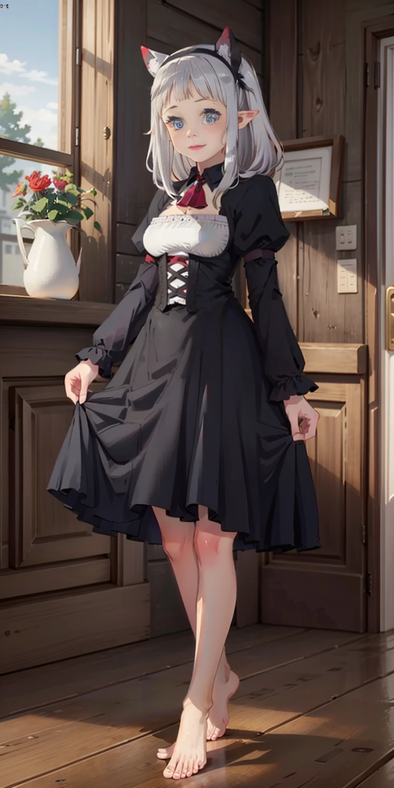 1girl, cute, ((Short black hair girl and long blonde hair girl)), maid victorian, maid apron, straight face, dazed, Body position: Standing, straight, symmetrical, barefoot, Lustful smile on face with red blush,