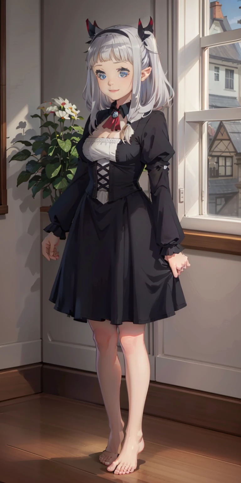 1girl, cute, ((Short black hair girl and long blonde hair girl)), maid victorian, maid apron, straight face, dazed, Body position: Standing, straight, symmetrical, barefoot, Lustful smile on face with red blush,
