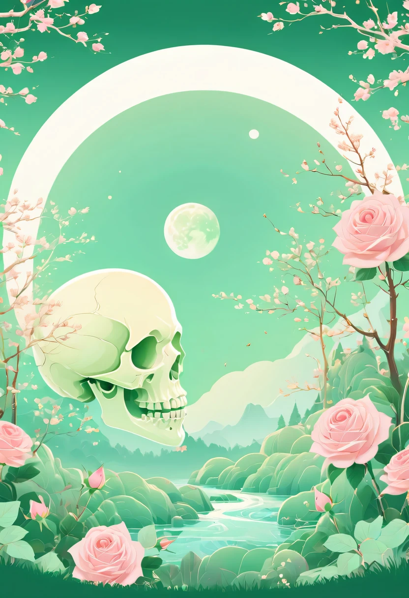 pastel tones，Light style，cozy calm，nature，warm and comfortable，garden，Phonograph record，poster，poster，cover illustration，character，huge, Eye-catching title text,1 moon，Romantic light green skull and light sword，anatomically correct, Exquisite pattern，Oriental elements， Clean colors,Pink rose space, soft light,masterpiece, super detailed, epic work, best quality, 8k，