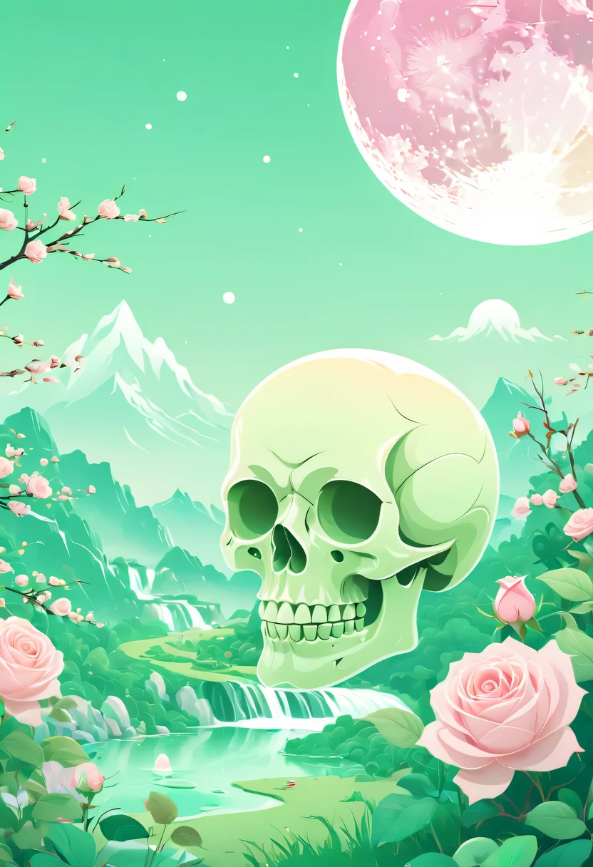 pastel tones，Light style，cozy calm，nature，warm and comfortable，garden，Phonograph record，poster，poster，cover illustration，character，huge, Eye-catching title text,1 moon，Romantic light green skull and light sword，anatomically correct, Exquisite pattern，Oriental elements， Clean colors,Pink rose space, soft light,masterpiece, super detailed, epic work, best quality, 8k，