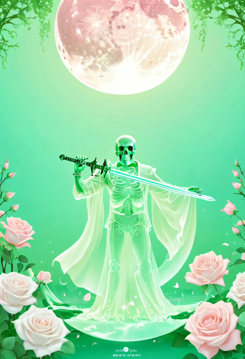 pastel tones，Light style，cozy calm，nature，warm and comfortable，garden，Phonograph record，poster，poster，cover illustration，character，huge, Eye-catching title text,1 moon，Romantic light green skull and light sword，anatomically correct, Exquisite pattern，Oriental elements， Clean colors,Pink rose space, soft light,masterpiece, super detailed, epic work, best quality, 8k，