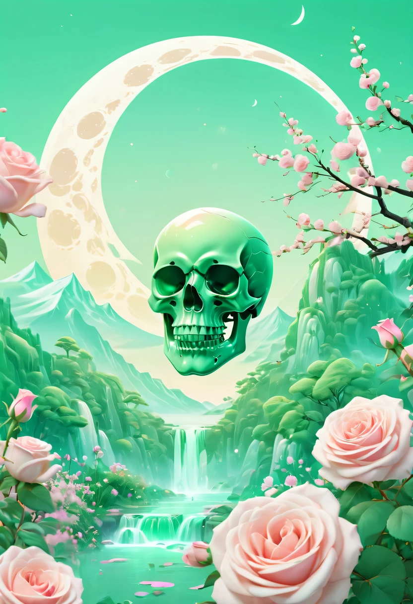 pastel tones，Light style，cozy calm，nature，warm and comfortable，garden，Phonograph record，poster，poster，cover illustration，character，huge, Eye-catching title text,1 moon，Romantic light green skull and light sword，anatomically correct, Exquisite pattern，Oriental elements， Clean colors,Pink rose space, soft light,masterpiece, super detailed, epic work, best quality, 8k，