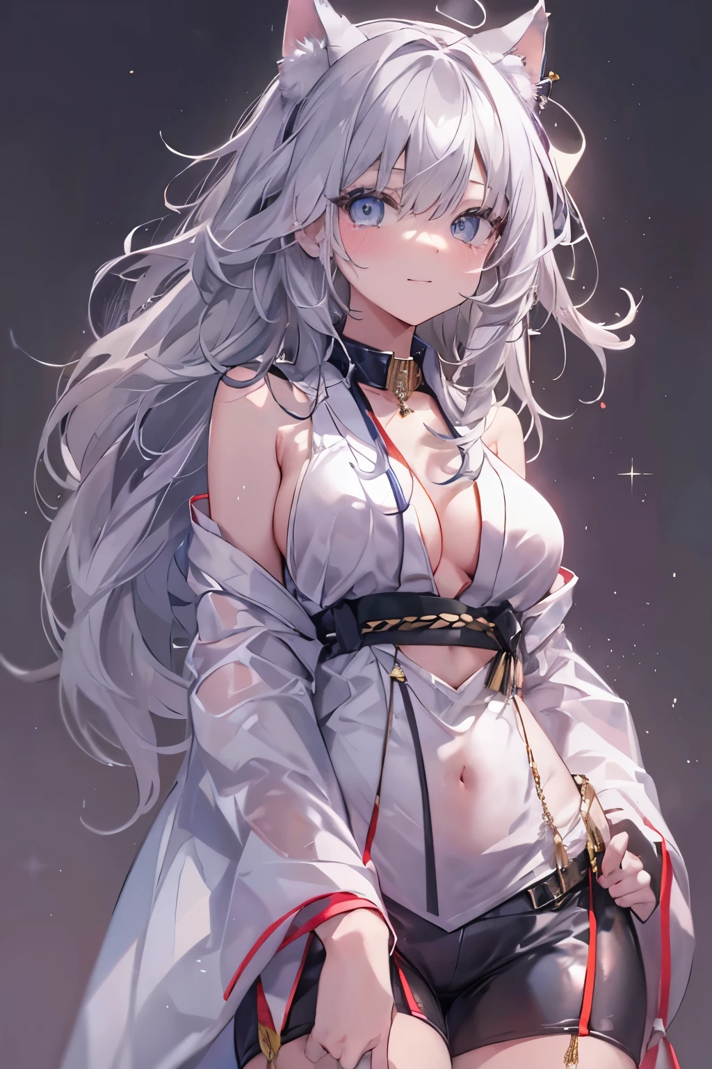 silver hair、cat collar black、eyes with sparkling flames、tits、belly button、japan town tokyo、Staring at the sky、first field view、wavy ponytail、hair on shoulders、very long hair、very thick hair、beautiful and fine eyes、golden eyes、eyes like jewels、Diamond-shaped eyes、hug your feet、detailed jewel leather collar、twin tails、sunglasses、amber eyes、beast ears、smile、embarrassing、blush、Tears、high detail、anime、romanticism、shine、silhouette、Depth of bounds written、UHD、retina、masterpiece、correct、anatomically correct、textured skin、super detail、high detail、award-winning、最high quality、high resolution、high quality、16k、cleavage