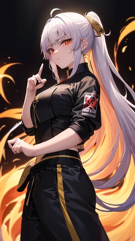 ((8k ultrasharp, Masterpiece, look at viewers with serious, battle stance taekwondo, hand sign ninjutsu)), A girl, white long hair goes through waist, Gold vertical eyes flows, wearing a black Tangzhuang has a Chinese dragon pattern edgy and aesthetic design, black long sleeve, black pants has a red ribbon around the pocket,