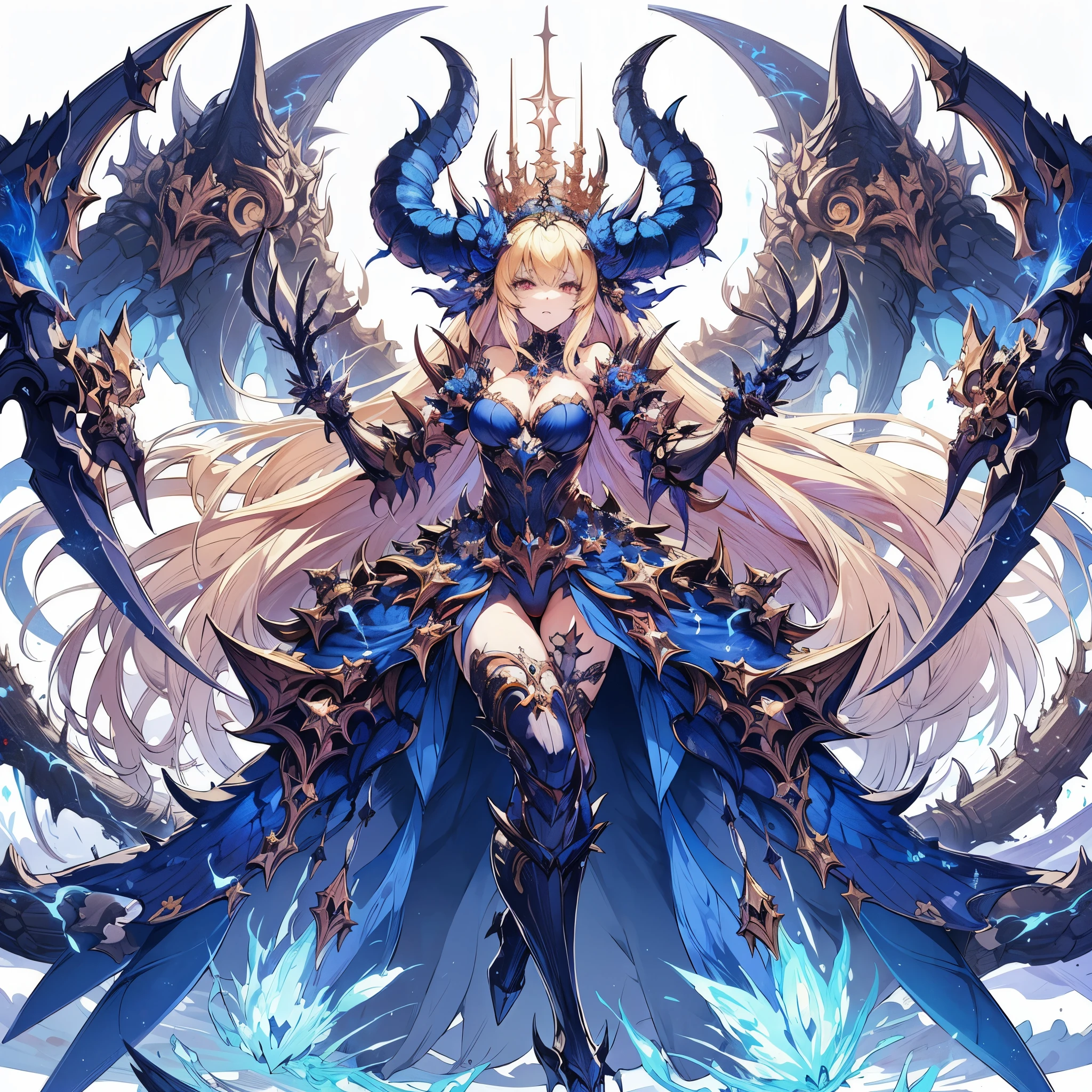 Masterpiece, best quality, ultra-detailed, anime style, full body of Chaos Demon Princess, sinister and ominous aura, luxurious ultra blue power armor, both arms as GIANT HUGE claws, majestically crowned, shining gold hair, high-heeled boots, war hammer 40K, supernatural Lightning and flame, ((Eight-pointed star symbol)), 8k high resolution, trending art station, white background, whole body,
