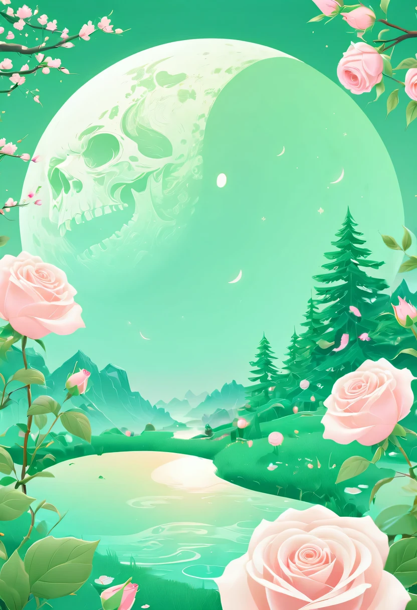 pastel tones，Light style，cozy calm，nature，warm and comfortable，garden，Phonograph record，poster，poster，cover illustration，character，huge, Eye-catching title text,1 moon，Romantic light green skull and light sword，anatomically correct, Exquisite pattern，Oriental elements， Clean colors,Pink rose space, soft light,masterpiece, super detailed, epic work, best quality, 8k，