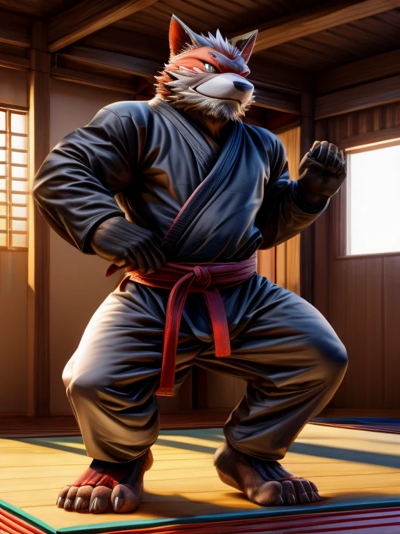 Barefoot Tadatomo, practising in dojo, black ninja outfit, long trousers with heel grip, nice big feet paws