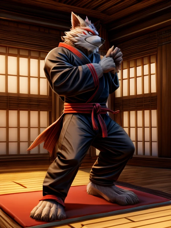 Barefoot Tadatomo, practising in dojo, black ninja outfit, long trousers with heel grip, nice big feet paws