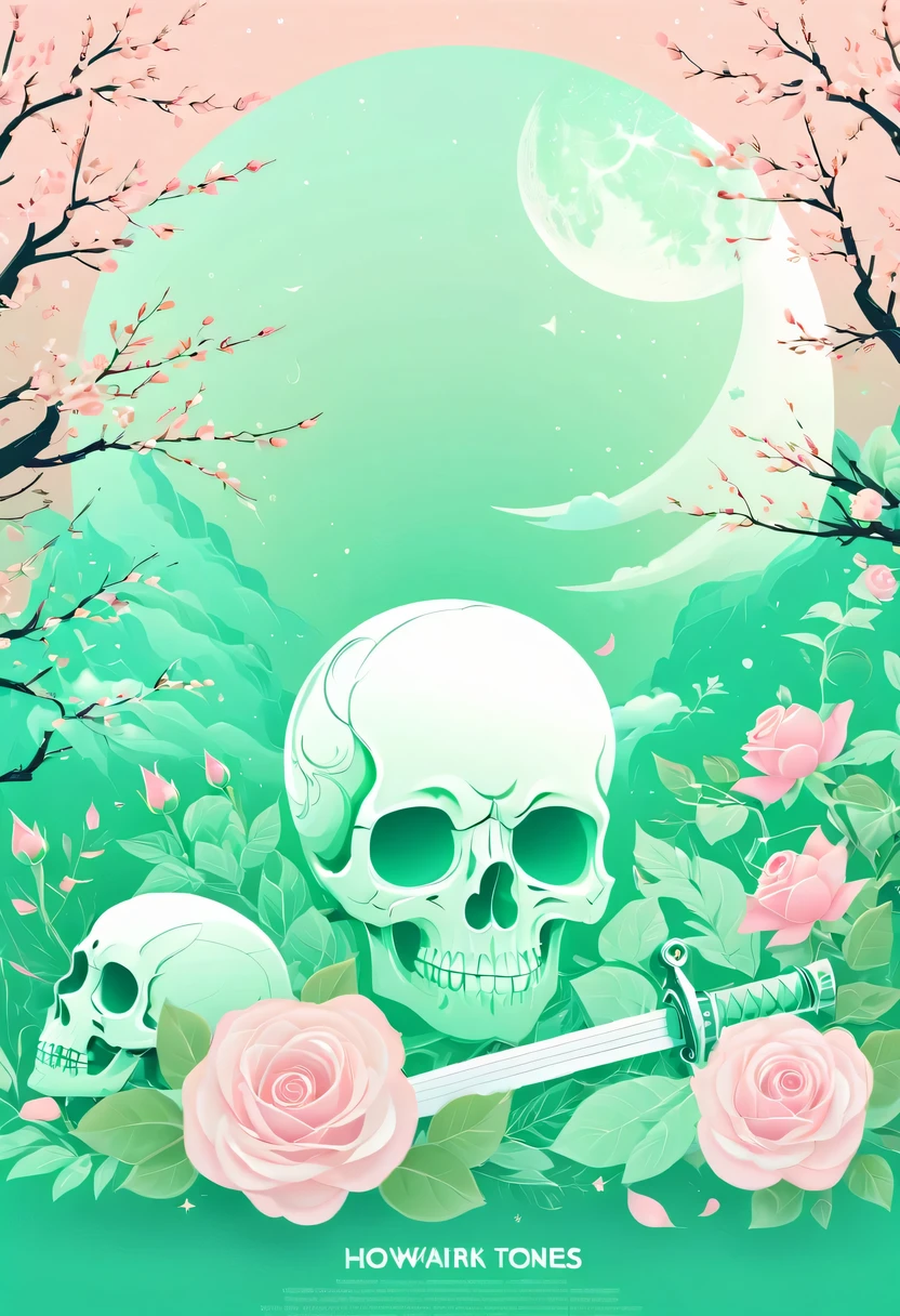 pastel tones，Light style，cozy calm，nature，warm and comfortable，garden，Phonograph record，poster，poster，cover illustration，character，huge, Eye-catching title text,1 moon，Romantic light green skull and light sword，anatomically correct, Exquisite pattern，Oriental elements， Clean colors,Pink rose space, soft light,masterpiece, super detailed, epic work, best quality, 8k，