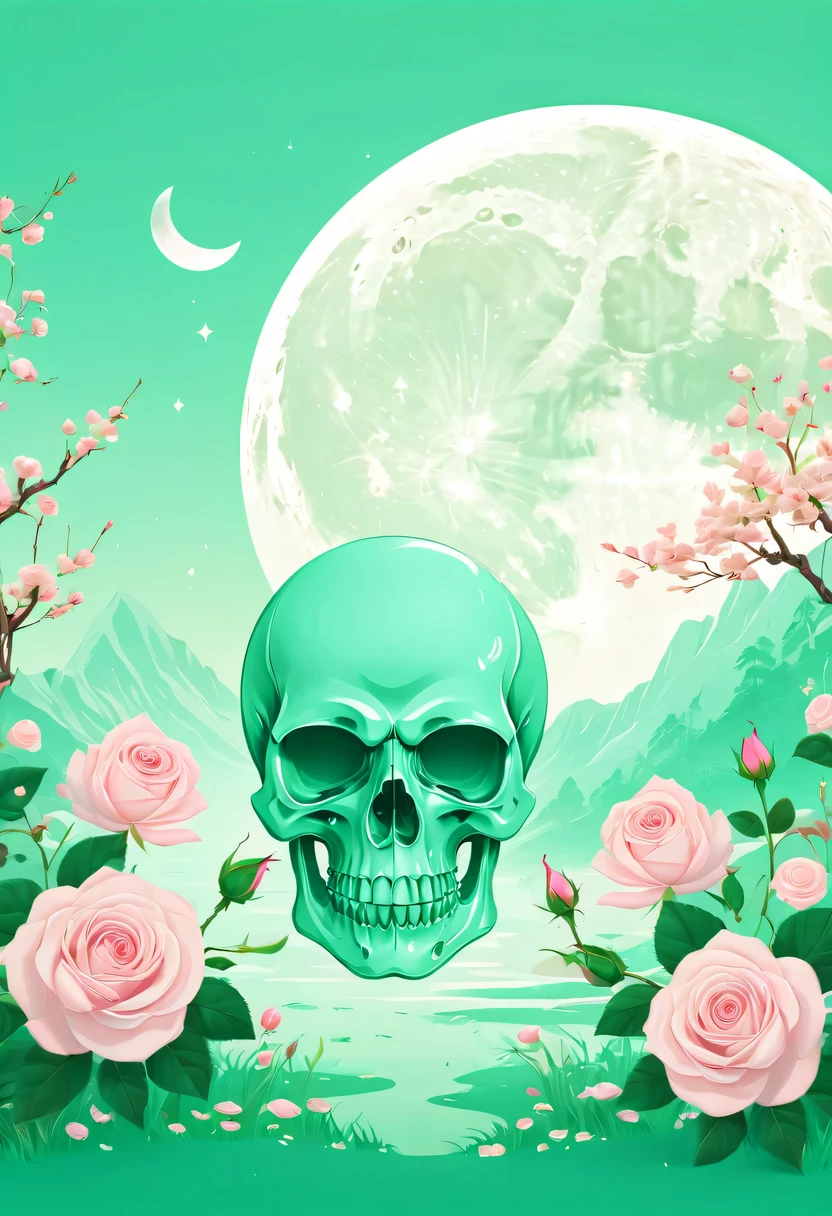 pastel tones，Light style，cozy calm，nature，warm and comfortable，garden，Phonograph record，poster，poster，cover illustration，character，huge, Eye-catching title text,1 moon，Romantic light green skull and light sword，anatomically correct, Exquisite pattern，Oriental elements， Clean colors,Pink rose space, soft light,masterpiece, super detailed, epic work, best quality, 8k，