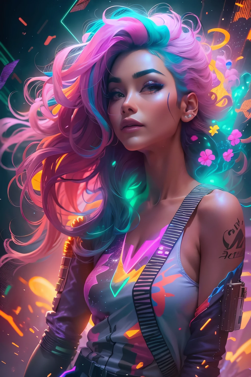 A stunning woman with vibrant neon hair, glowing in the midst of galaxy formations, painted by david diaz and sakimichan, detailed and realistic textures, vibrant colors, surreal and mysterious, hyperrealistic, modern art, digital painting, trending in Artstation, cinematic lighting, and dynamic composition.