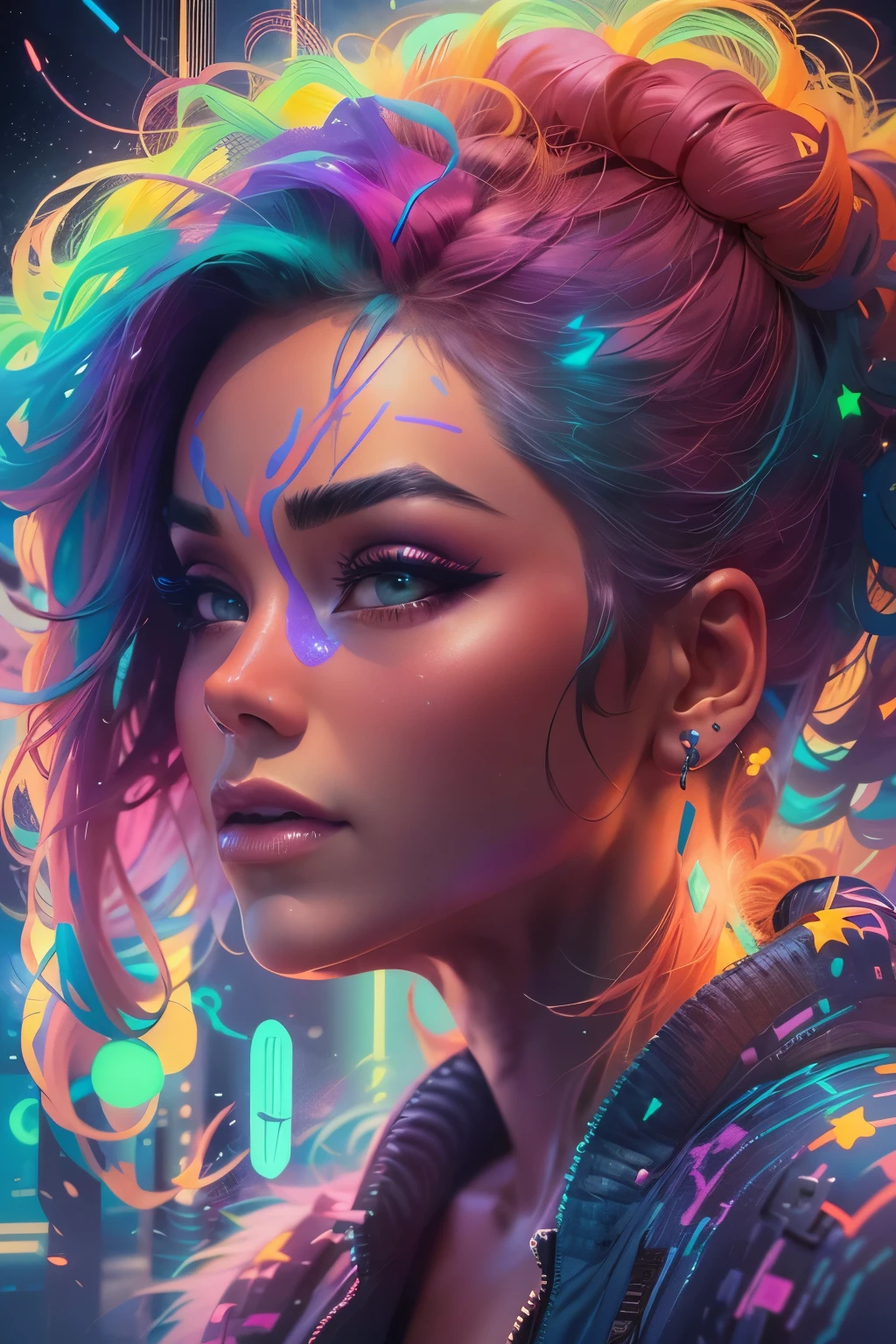 A stunning woman with vibrant neon hair, glowing in the midst of galaxy formations, painted by david diaz and sakimichan, detailed and realistic textures, vibrant colors, surreal and mysterious, hyperrealistic, modern art, digital painting, trending in Artstation, cinematic lighting, and dynamic composition.