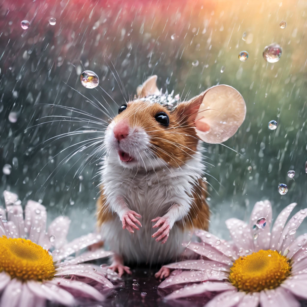 a high definition image of a rainy landscape where a mouse is under a flower soaked in glass art style, mice looking at the raindrops of the colorful daisy flower petals with blur background (with very soft color tones: 1.32)