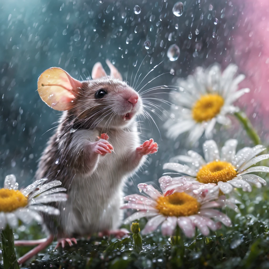 a high definition image of a rainy landscape where a mouse is under a flower soaked in glass art style, mice looking at the raindrops of the colorful daisy flower petals with blur background (with very soft color tones: 1.32)