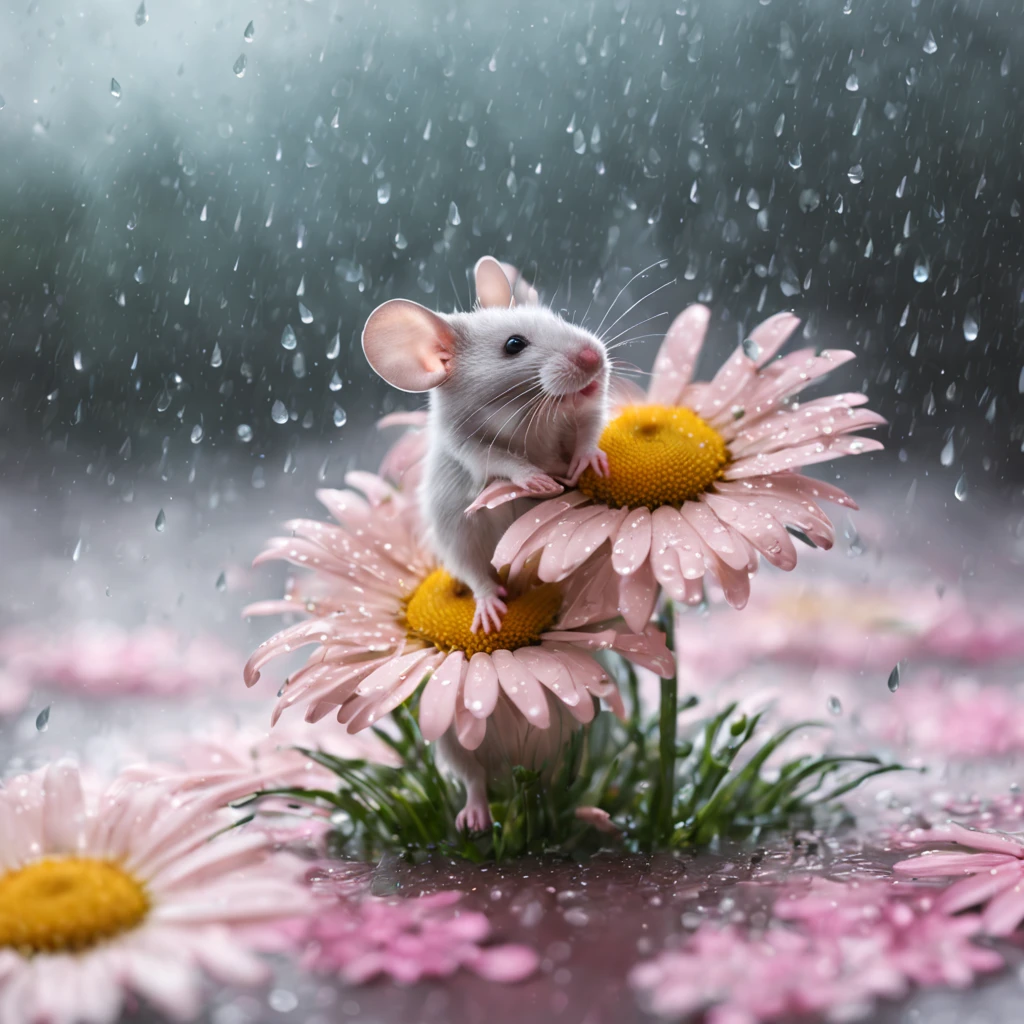 a high definition image of a rainy landscape where a mouse is under a flower soaked in glass art style, mice looking at the raindrops of the colorful daisy flower petals with blur background (with very soft color tones: 1.32)