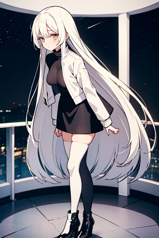 Petite and slender woman with long yellow hair, wearing a white turtleneck sweater and a black leather jacket on top, a mini skirt (black), white stockings, and high-heeled black boots. She is standing on a balcony, looking at the starry sky on a brightly moonlit night. Enormous breasts, covered nipples,