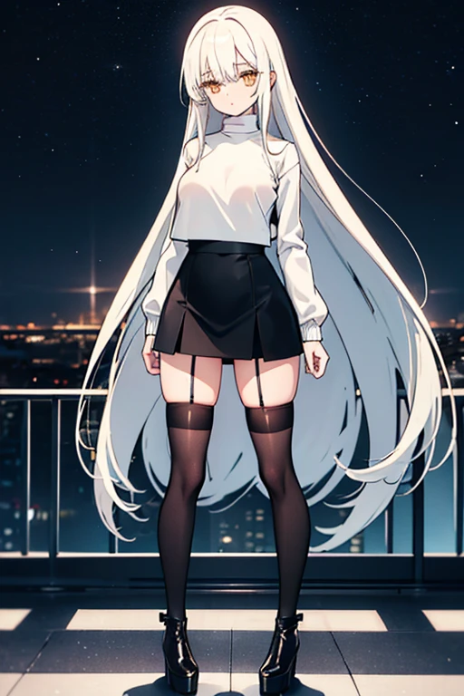 Petite and slender woman with long yellow hair, wearing a white turtleneck sweater and a black leather jacket on top, a mini skirt (black), white stockings, and high-heeled black boots. She is standing on a balcony, looking at the starry sky on a brightly moonlit night. Enormous breasts, covered nipples,