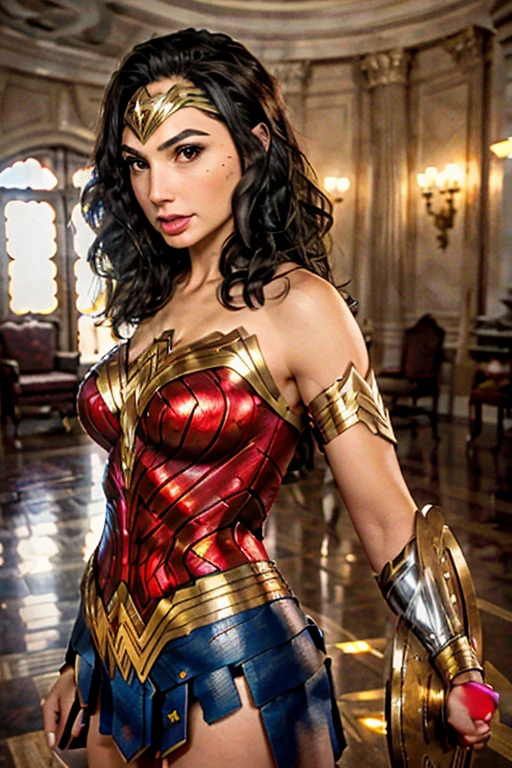 (best quality)), ((master part)), ((Realistic)), (circunstanciado, fotorrealista, ultra-detalhado, Absurdo), 1mulher Wonder Woman, cabelos longos, thin lips , olhos e rosto detalhados, rosto perfeito altamente detalhado, vestindo fantasia de mulher-maravilha (lora:Wonder woman:1.2), casa, interior, cama, noite escura, Front view
